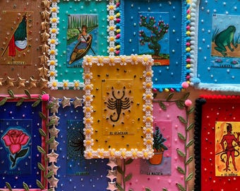 Schilderij met gemengde technieken: handgemaakt Loteria-canvas, Mexicaanse bingo-kunst