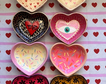 Small handmade plaster hand painted heart ring trinket dish