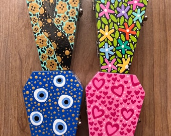 Small wooden hand painted coffin trinket boxes