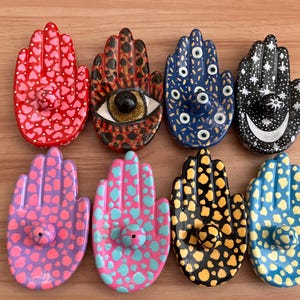 Small hand-Painted palm of hand incense stick holders flowers daisies evil eye hamsa hearts