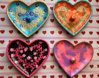 Heart shaped incense holder dishes hand painted