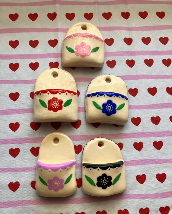 Small clay handmade ring holder pocket wall hanging hand painted