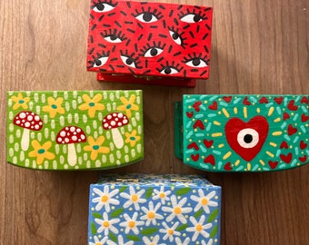 Small hand painted wooden jewelry trinket boxes