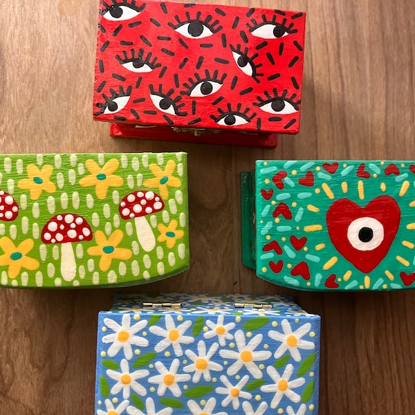 Small hand painted wooden jewelry trinket boxes