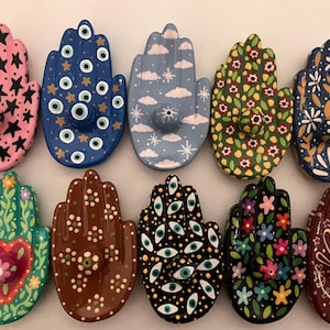 小さな手描きの手のひらのお香立て、花、ヒナギク、邪眼、ハムサ、ハート