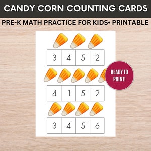 Peut inclure: Cartes de comptage imprimables avec des illustrations de maïs sucré. Chaque carte a un ensemble de maïs sucré et une rangée de cases avec les nombres de 1 à 6 à compter.
