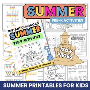 Könnte beinhalten: Eine Sammlung von Sommer-Aktivitätsseiten für die Vorschule. Das Cover zeigt eine Malvorlage eines Sandburgen. Der Titel lautet "Summer Pre-K Activities" mit dem Text "Instant Download" darüber. Weitere Seiten beinhalten Zähl-, Zuordnungs- und Malaktivitäten.