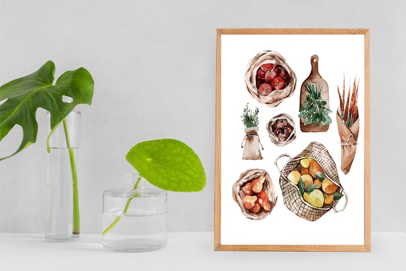 Fruit Herb and Vegetable Wall Art Minimal Kitchen Watercolor Etsy