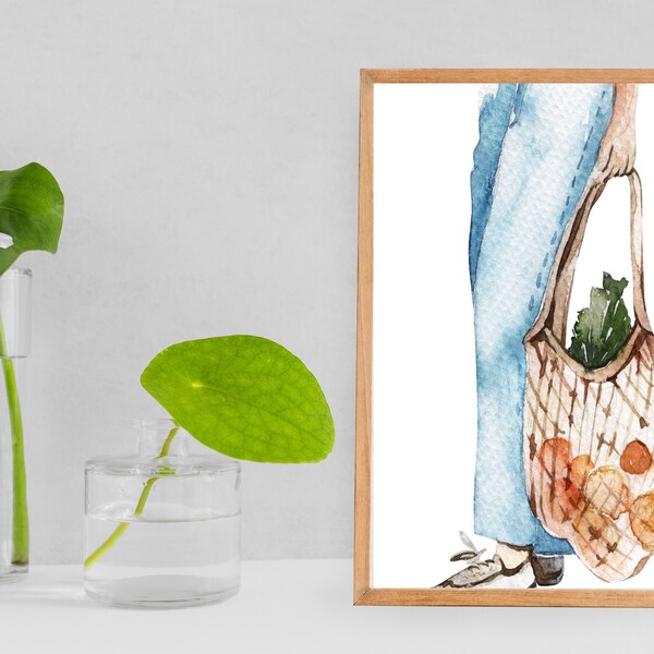 Mesh Product Bag Illustration, Watercolor Printable Art, Eco0-friendly Wall Art, Minimal Art, Simple Art Printable, Kitchen Art Download