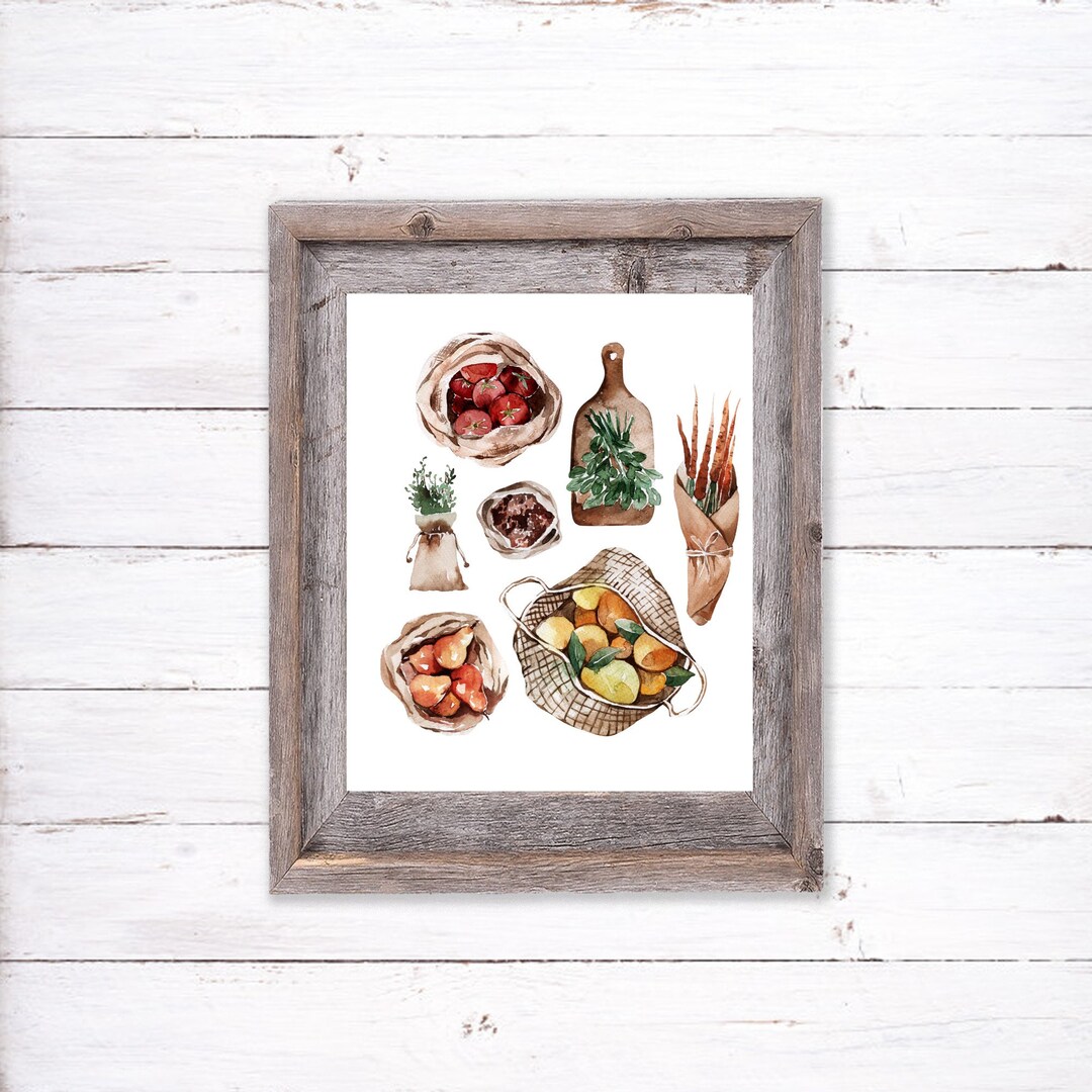 Fruit Herb and Vegetable Wall Art, Minimal Kitchen Watercolor Art