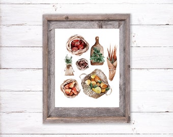Fruit Herb and Vegetable Wall Art, Minimal Kitchen Watercolor Art Printable, Kitchen Prints Digital Download, Kitchen Decor Digital Download