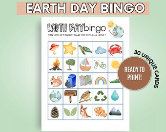 May include: Earth Day Bingo game card with colorful watercolor illustrations of nature elements. The card features a grid with images of a mushroom, star, turtle, cloud, crab, and more. The text "Earth Day Bingo" is at the top, with "Ready to Print!" in a circle.