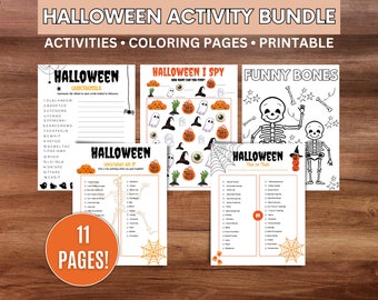 May include: A set of 11 printable Halloween activity pages. The pages include a word scramble, I Spy game, a who am I game, a true or false game, and a coloring page of a skeleton.