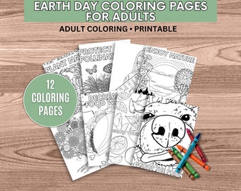 May include: Twelve black and white coloring pages featuring nature-themed illustrations. The pages include images of flowers, butterflies, a dog, and a person enjoying nature. The text on the pages includes "Plant Native", "Pollinate", "Decrease Food Waste", "Enjoy Nature", and "Scoop the Poop".