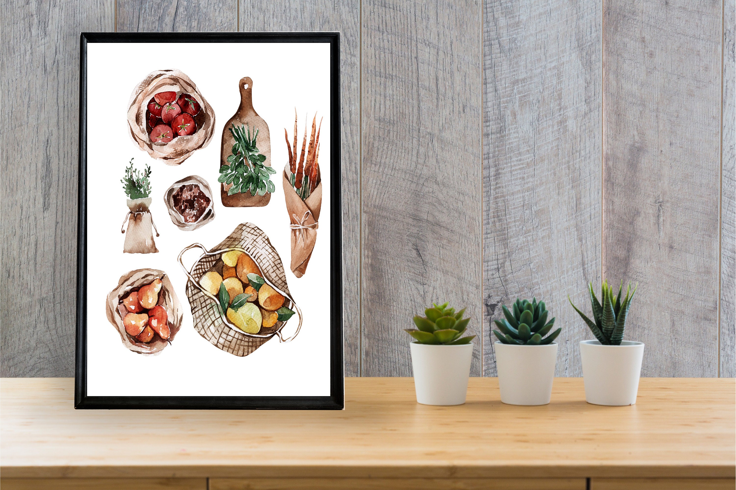 Fruit Herb and Vegetable Wall Art, Minimal Kitchen Watercolor Art