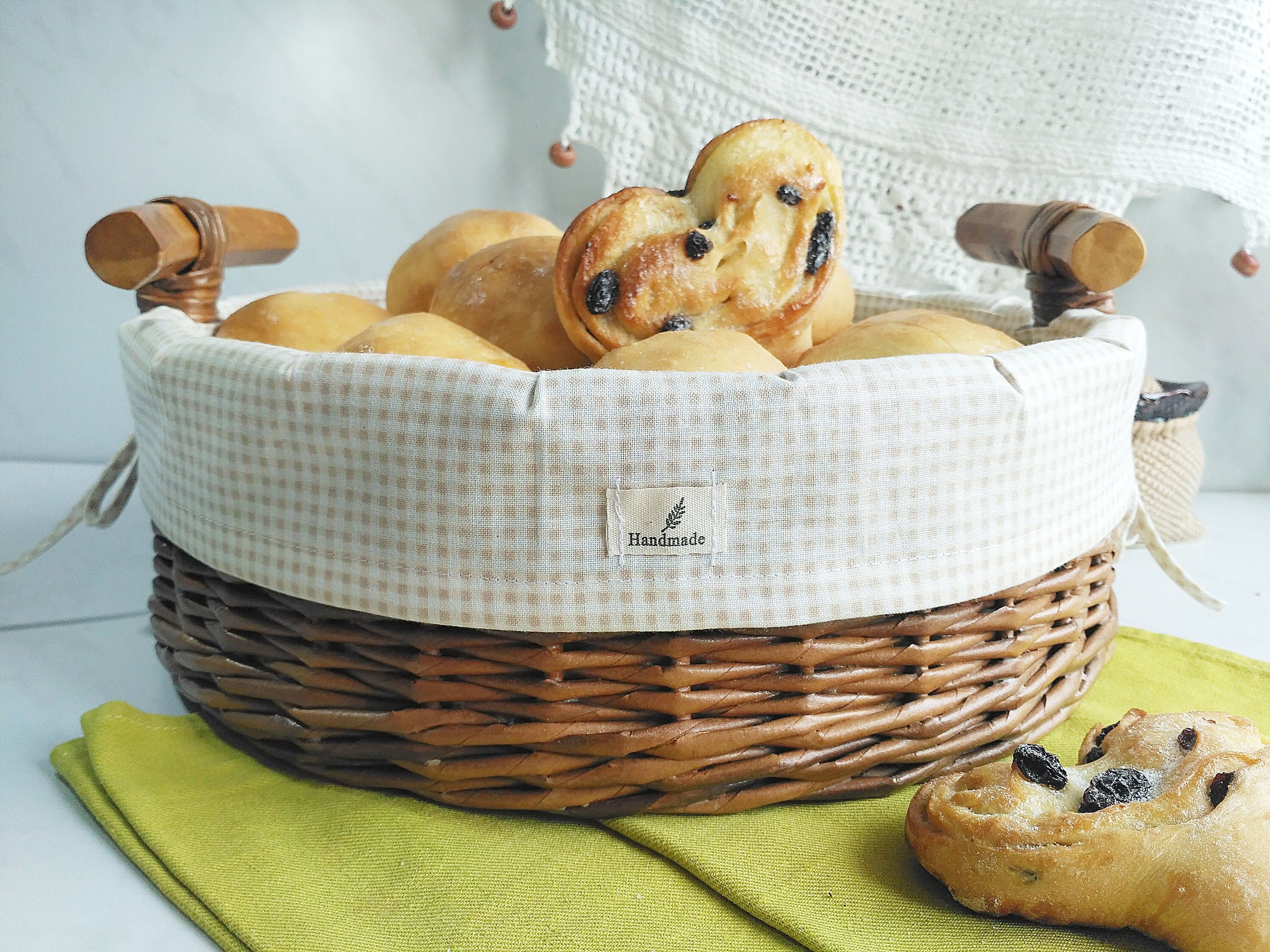Big Bread Basket Basket With Wooden Handles Round Kitchen Etsy