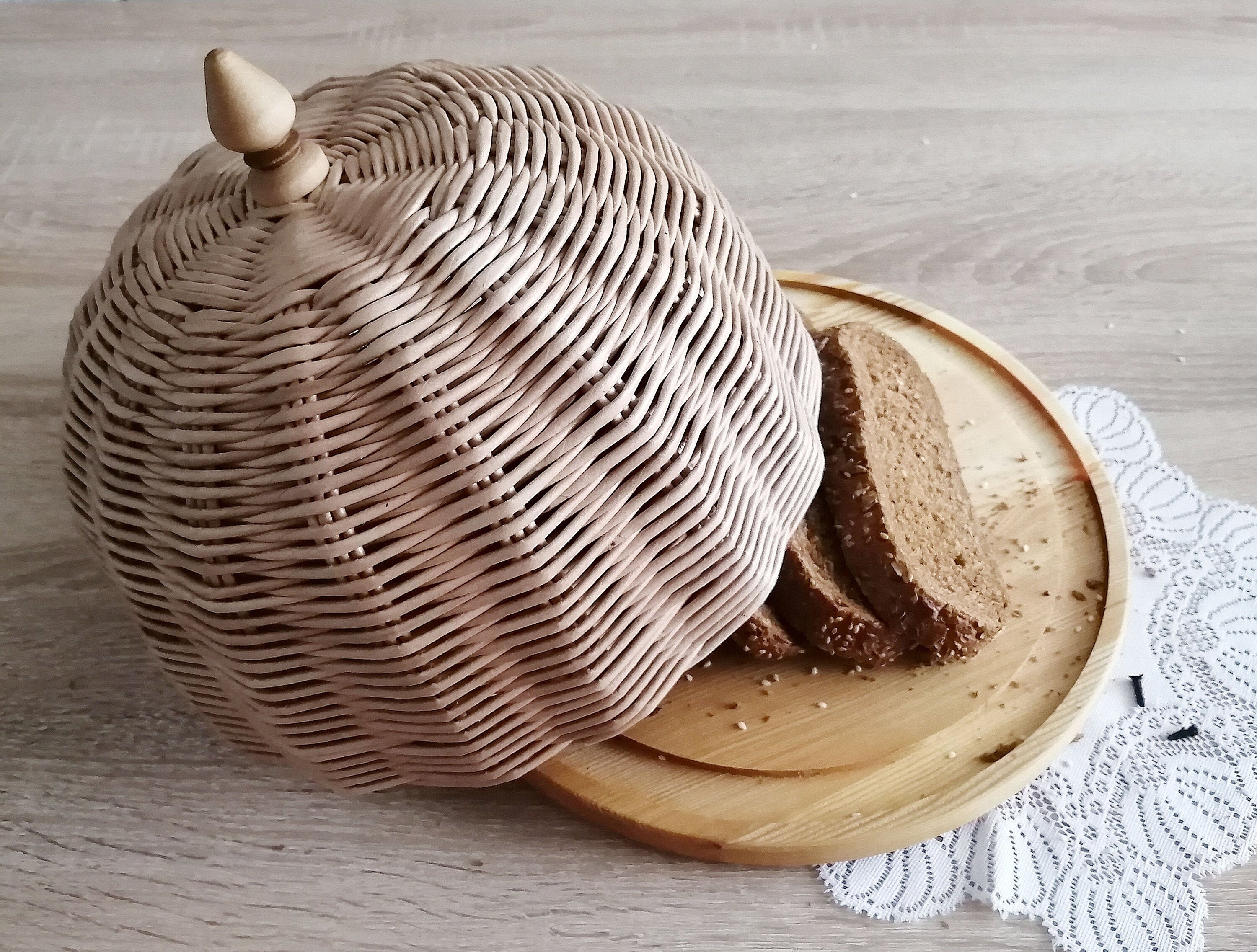 Wicker Round Bread Box Wooden Tray With Wicker Lid Bread Etsy