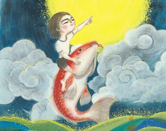 IMPRESIÓN DE ARTE, Impresión de peces para niños y koi, Impresión de tinta china, Impresión del océano, Decoración de la pared de la habitación para niños, Decoración de la guardería, Arte de la pared