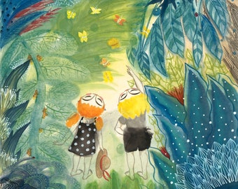 Hochwertiger KUNST-DRUCK, Kinder im Wald Druck Malerei, Kinder Abenteuer Schmetterlinge Malerei Druck, Kinderzimmer Wanddekoration, Kinderzimmer Dekor