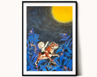 IMPRESIÓN DE ARTE de alta calidad, pintura con estampado de niño y tigre, impresión de pintura nocturna tranquila, decoración de la pared de la habitación para niños, decoración de la habitación de la guardería, arte de la pared
