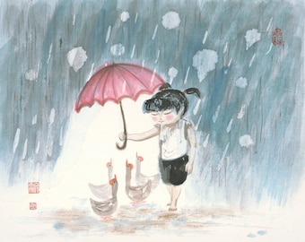 KUNSTDRUCK, Chinesische Malerei Druck, Fine Art Druck, Malerei Wandkunst, Kinder Illustration Druck, Mädchen und Gänse, Süße GeschichteWandkunst