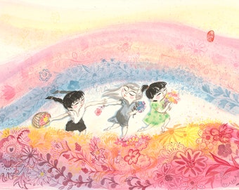 KUNSTDRUCK, Blumen Mädchen, chinesische Tuschemalerei Druck, Wandkunst für Kinderzimmer, Kinderzimmer Dekor, Wandkunst, Aluminiumdruck