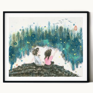 High Quality ART PRINT, Dreamlike Forest Print Painting, Chinese Ink Painting Print, Kids Room Wall Decor, Nursery Room Decor, Happy Kids