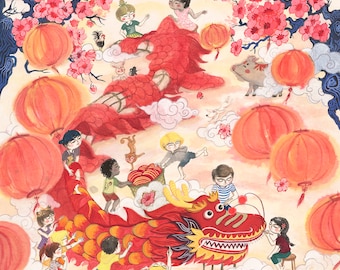 KUNSTDRUCK, Chinesisches Sternzeichen, Jahr des Drachen Gemälde, Kunst im chinesischen Stil, Kinderzimmer Wanddekoration, Kinderzimmer Dekor, Wandkunst