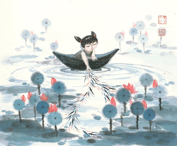ART PRINT, Girl Boat Waterlily Painting Print, Chinese Painting, Painting For Living Room, Kids Room Wall Decor, Nursery Room Art, Wall Art