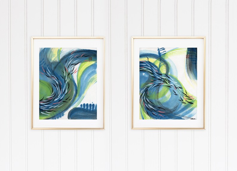 ORIGINAL, 2 Set of Abstract Fish Original Painting, Deep Blue Gr ORIGINAL, 2 Set of Abstract Fish Original Painting, Deep Blue Gr
