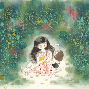 ART PRINT, Kids and Mom, Happy Family Chinese Ink Painting Print, Kids Room Wall Decor, Nursery Room Decor, Wall Art, Graden Art