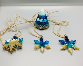 Beach Themed Ornament Set | Beach Tree Ornament | Snowflake Ornament | Christmas Ornament Set | Resin Ornament