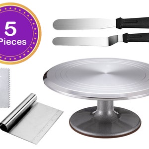 5-piece Set Aluminum Alloy Heavy-Duty Turntable, Stainless Steel Spatulas and Scraper Cake Decorating Kits Baking Accessories Bake Tools
