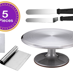 Cake Decorating Kit: Aluminum Turntable, Stainless Steel Spatulas & Scraper (5-Piece Set)