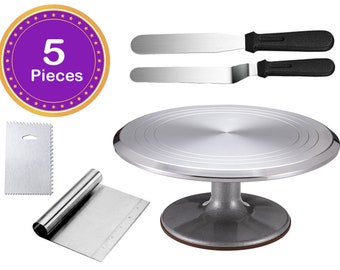Cake Decorating Kit: Aluminum Turntable, Stainless Steel Spatulas & Scraper (5-Piece Set)