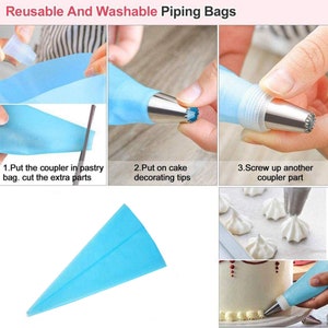 May include: Reusable and washable piping bags for decorating cakes. The image shows a blue piping bag, a coupler, and a cake decorating tip. The image also shows a cake with white frosting and a piping bag being used to decorate it.