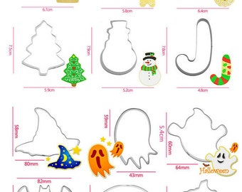 DIY Holidays Themes Cookie Cutters Set; Halloween Pumpkin, Skull, Ghost, Witch Hat; Christmas Santa, Snowman, Gingerbread man, Tree
