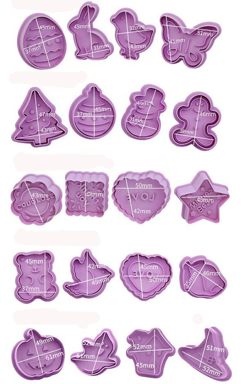 May include: A set of 15 purple plastic cookie cutters in various shapes, including a bunny, a chick, a butterfly, a Christmas tree, an ornament, a snowman, a gingerbread man, a heart, a star, a bear, a bird, a unicorn, a pumpkin, a ghost, and a witch's hat. The cutters are all different sizes and have measurements in millimeters.