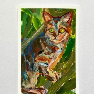 Impression vibrante de peinture acrylique de chat dans un arbre, impression A6, cadeau pour les amoureux des chats, oeuvre d'art unique, décoration indépendante