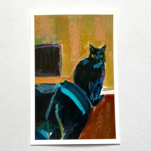 Peinture acrylique de chat noir, impression a6, œuvre d’art de la taille d’une carte postale, cadeau pour les amoureux des chats, Halloween, image effrayante