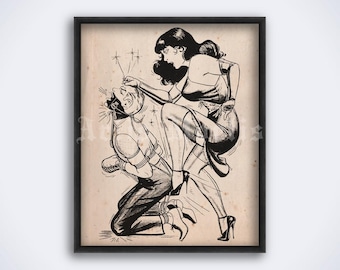 The kick, female domination, vintage fetish art, dominatrix illustration, kinky retro decor, print, poster (DIGITAL DOWNLOAD)
