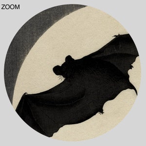 May include: A black bat silhouette against a cream-colored background, with a dark gray arc in the upper left corner. The bat's wings are spread, and the image is circular with the word "ZOOM" in the upper left.