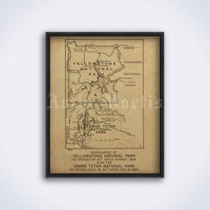 Mapa Parku Narodowego Yellowstone i Parku Narodowego Grand Teton z 1929 r., wydruk artystyczny geograficzny, plakat (POBIERANIE CYFROWE)
