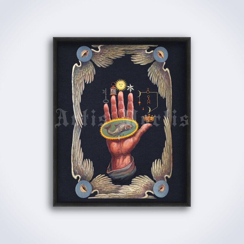 May include: A hand with an open palm, surrounded by a frame of golden wings. The hand is holding a small, round, gold-rimmed mirror with a fish inside. The mirror is surrounded by symbols, including a sun, a star, a key, a lantern, a crescent moon, and a crown.