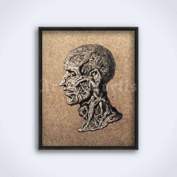 Head of a man composed of writhing human figures – creepy, macabre, dark art, vintage medicine print, poster (DIGITAL DOWNLOAD)