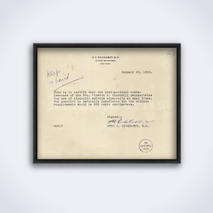 Winston Churchill – Nota médica sobre consumo ilimitado de alcohol, documento histórico, impresión vintage de la Prohibición, póster (DESCARGA DIGITAL)