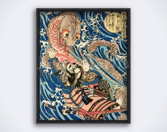 サムライ対オオサンショウウオ - 浮世絵版画（デジタルダウンロード