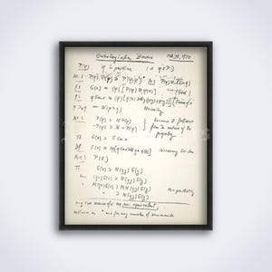 Puede incluir: Una impresión enmarcada que presenta notas manuscritas y ecuaciones matemáticas sobre papel envejecido. El texto incluye el título "Ontologischer Beweis" y la fecha "Feb 10, 1970". El marco negro añade un toque clásico a la obra.