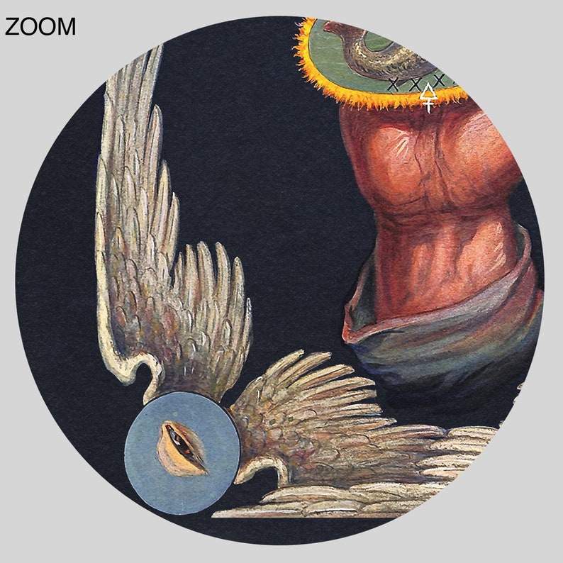 May include: A close-up of a painting depicting a winged figure with a halo. The figure is wearing a dark robe and has a blue eye. The wings are spread out and the halo is yellow with a green centre.
