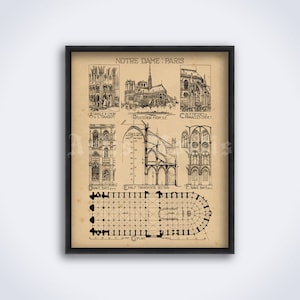 Notre Dame de Paris gothic cathedral architectural plan, drawing, medieval architecture, art, print, poster (DIGITAL DOWNLOAD)